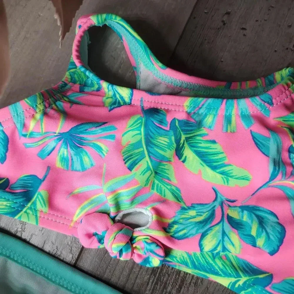Wonder Nation Baby Girl 2 pc Swimsuit Bikini Size 12m Teal Hot Pink Tropical